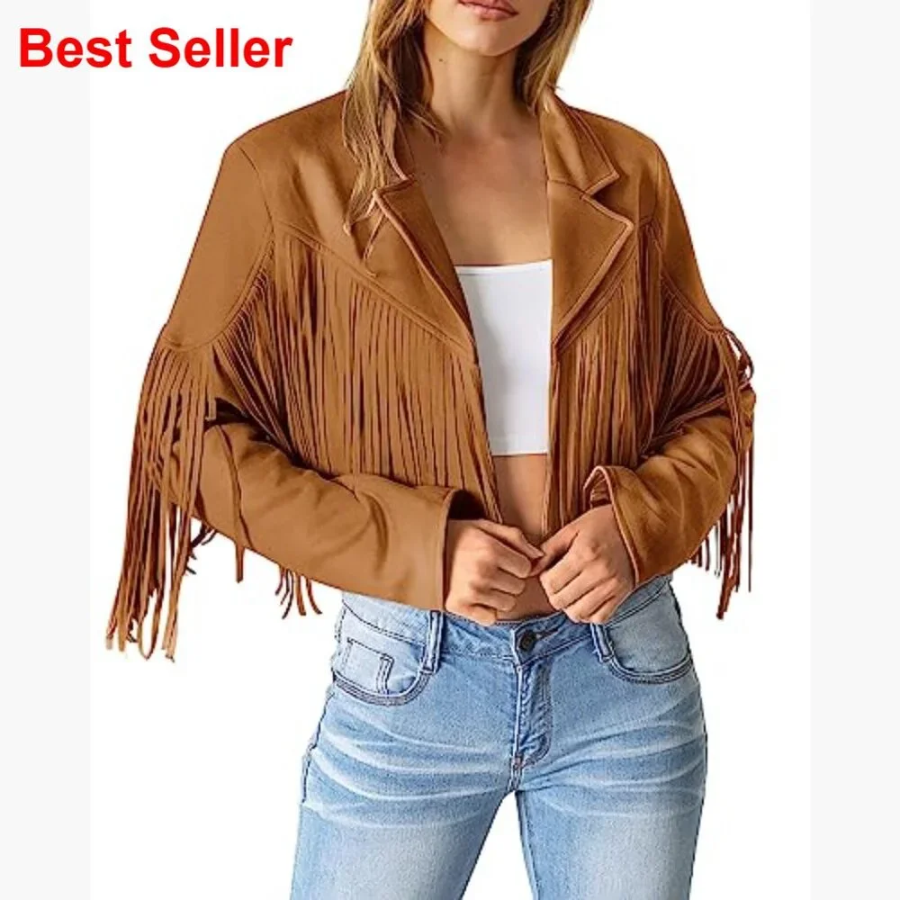 Faux Suede Fringe Cropped Jacket with Tassel Design - Picture 2 of 7